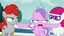 Size: 1366x768 | Tagged: safe, screencap, diamond tiara, little red, train tracks (character), earth pony, pony, crusaders of the lost mark, angry, colt, female, filly, glasses, jewelry, male, tiara