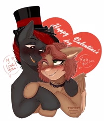 Size: 1814x2160 | Tagged: safe, artist:twisoft, oc, oc only, oc:qwerrtit, oc:varan, earth pony, pegasus, pony, blushing, choker, cute, dialogue, female, hat, holiday, hug, love, male, one eye closed, simple background, smiling, straight, valentine, valentine's day, valentine's day card