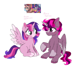 Size: 1438x1242 | Tagged: safe, artist:unoriginai, oc, oc:king speedy hooves, oc:prince supernova, oc:princess stellarnova, oc:queen galaxia, alicorn, pony, alicorn oc, blank flank, children, colt, commissioner:bigonionbean, cute, female, filly, foal, fusion, fusion:king speedy hooves, fusion:queen galaxia, male, screencap reference, writer:bigonionbean