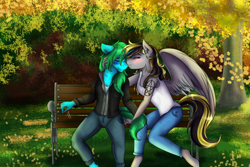 Size: 3000x2000 | Tagged: safe, artist:shamy-crist, oc, oc only, oc:fasty, oc:ink paint, anthro, pegasus, bench, clothes, female, jacket, kissing, leaves, lesbian, mare, pants, shirt, tree