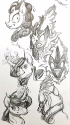 Size: 1828x3232 | Tagged: safe, artist:angusdra, kirin, nirik, pony, unicorn, bust, curved horn, horn, monochrome, sketch, sketch dump, traditional art