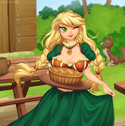 Size: 1197x1200 | Tagged: safe, artist:margony, edit, applejack, winona, dog, human, alternate hairstyle, applerack, blurry background, braid, braided pigtails, breasts, cleavage, clothes, colored pupils, cute, dress, female, food, humanized, jackabetes, jewelry, mare, necklace, one eye closed, open mouth, pie, twin braids, wink