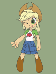 Size: 2448x3264 | Tagged: safe, artist:haibaratomoe, applejack, better together, equestria girls, applejack's hat, boots, chibi, clothes, cowboy hat, cute, denim skirt, freckles, hat, jackabetes, one eye closed, open mouth, shoes, skirt, solo, stetson, wink