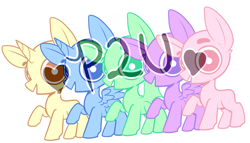 Size: 2191x1255 | Tagged: safe, artist:peachesandcreamated, oc, oc only, earth pony, pegasus, pony, unicorn, base, earth pony oc, grin, heart, horn, pegasus oc, raised hoof, smiling, unicorn oc, watermark, wide eyes, wings