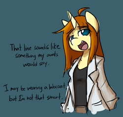 Size: 1280x1211 | Tagged: safe, artist:spheedc, oc, oc only, oc:honey desire, semi-anthro, unicorn, ahoge, clothes, digital art, female, lab coat, mare, shorts, simple background, solo, speech, tanktop