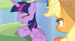 Size: 1280x700 | Tagged: safe, screencap, applejack, twilight sparkle, twilight sparkle (alicorn), alicorn, earth pony, pony, the ending of the end, angry, eyes closed, table, upset