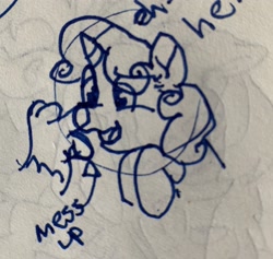 Size: 2691x2554 | Tagged: safe, artist:rainbow eevee, sweetie belle, oc, oc:landen irelan, pony, awkward smile, boop, cute, diasweetes, disembodied hand, drawing, hand, lineart, offscreen character, traditional art