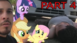 Size: 1280x720 | Tagged: safe, artist:pony-o bros., derpibooru import, applejack, fluttershy, twilight sparkle, earth pony, human, pegasus, pony, series:pony meets world, bandage, car, community related, facial hair, female, irl, irl human, jared armstrong, joey orpesa, link in description, mare, moustache, photo, ponies in real life, thumbnail, unamused, youtube link