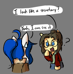 Size: 1100x1116 | Tagged: safe, artist:spheedc, oc, oc:light chaser, oc:sphee, earth pony, semi-anthro, ahoge, clothes, digital art, female, glasses, hair bun, mare, ponytail, question mark, simple background, speech bubble