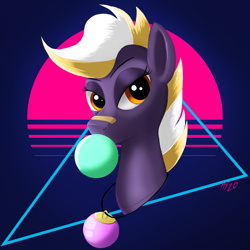 Size: 1500x1500 | Tagged: safe, artist:jphyperx, oc, oc:wildheart, earth pony, pony, bandaid, bedroom eyes, bubble, bubblegum, bust, food, gum, jewelry, looking at you, necklace, portrait, retro, retrowave, signature, sun, triangle