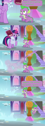 Size: 1360x3838 | Tagged: safe, edited screencap, screencap, spike, twilight sparkle, twilight sparkle (alicorn), alicorn, dragon, the point of no return, book, claws, comic, dialogue, flying, levitation, magic, saddle bag, screencap comic, takeoff, telekinesis, waterfall, winged spike