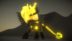 Size: 3840x2160 | Tagged: safe, artist:phoenixtm, oc, oc:phoenix stardash, cyborg, dracony, hybrid, 3d, dracony alicorn, ethereal mane, glow, minigun, night, spread wings, weapon, wings