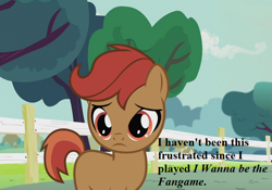 Size: 640x448 | Tagged: safe, edit, edited screencap, screencap, button mash, liquid button, earth pony, pony, crusaders of the lost mark, colt, cropped, dialogue, fence, i wanna be the fangame, male, missing accessory, tree