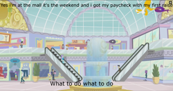 Size: 1920x1017 | Tagged: safe, edit, edited screencap, screencap, cranky doodle donkey, curly winds, diamond tiara, filthy rich, scribble dee, some blue guy, starlight, equestria girls, spoiler:eqg specials, background human, canterlot mall, escalator, fountain, shopping