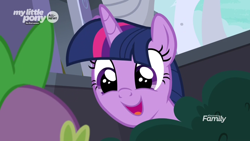 Size: 1366x768 | Tagged: safe, screencap, spike, twilight sparkle, twilight sparkle (alicorn), alicorn, dragon, the point of no return, bush, cute, daaaaaaaaaaaw, discovery family logo, hiding, smiling, twiabetes