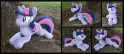 Size: 3975x1754 | Tagged: safe, artist:peruserofpieces, twilight sparkle, twilight sparkle (alicorn), alicorn, beanie (plushie), commission, female, folded wings, front view, happy, horn, irl, lying down, mare, photo, plushie, profile, prone, rear view, smiling, solo, sploot, toy, wings