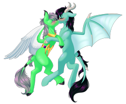 Size: 2872x2380 | Tagged: safe, artist:ohhoneybee, oc, oc only, oc:winter flaze, dracony, dragon, hybrid, pegasus, pony, female, kissing, mare, simple background, transparent background