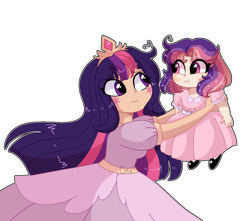 Size: 1280x1132 | Tagged: safe, artist:moon-rose-rosie, twilight sparkle, oc, oc:celestial moon, human, baby, clothes, dress, female, humanized, magical lesbian spawn, mother and child, mother and daughter, offspring, parent and child, parent:rainbow dash, parent:twilight sparkle, parents:twidash, simple background, transparent background