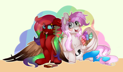 Size: 3900x2300 | Tagged: safe, artist:2pandita, oc, oc only, oc:jokey, oc:pandita, pegasus, pony, chocolate, female, food, ice cream, mare