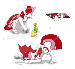 Size: 1280x1181 | Tagged: safe, artist:ravenpuff, oc, oc:lunei, bat pony, pony, bat pony oc, behaving like a cat, ceiling cat, ceiling pony, face down ass up, flower, laser pointer, simple background, transparent background, vase