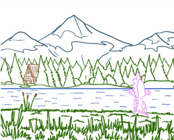 Size: 1280x1036 | Tagged: safe, artist:adorkabletwilightandfriends, spike, dragon, cabin, forest, lake, mountain, scenery, solo