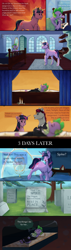 Size: 1250x4420 | Tagged: safe, artist:strawberry-heartrose, spike, twilight sparkle, oc, dragon, pony, unicorn, casket, clothes, comic, gravestone, on back, playing dead, suit, this will end in death