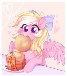 Size: 1354x1536 | Tagged: safe, artist:whiteliar, oc, oc only, oc:bay breeze, pegasus, blushing, bow, chest fluff, cute, ear fluff, female, food, hair bow, mare, nom, ocbetes, pancakes, simple background, weapons-grade cute