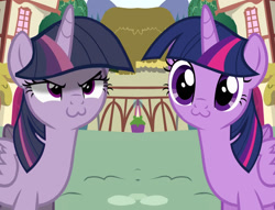 Size: 1704x1304 | Tagged: safe, edit, edited screencap, screencap, mean twilight sparkle, twilight sparkle, twilight sparkle (alicorn), alicorn, pony, pinkie pride, the mean 6, :3, >:3, catface, cute, duality, female, i can be your angle or your devil, mare, self ponidox, twiabetes, twilight cat