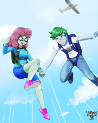 Size: 3600x4500 | Tagged: safe, artist:danmakuman, oc, oc only, oc:software patch, oc:windcatcher, equestria girls, absurd resolution, clothes, commission, equestria girls-ified, falling, goggles, harness, open mouth, pants, parachute, plane, shirt, shoes, shorts, skydiving, tack, windpatch
