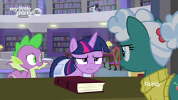 Size: 1366x768 | Tagged: safe, screencap, bellflower blurb, booksmart, spike, twilight sparkle, twilight sparkle (alicorn), alicorn, dragon, the point of no return, book, bookshelf, glasses, librarian, library, saddle bag, winged spike