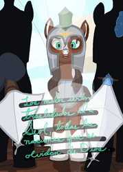 Size: 1920x2688 | Tagged: safe, alternate version, artist:swegmeiser, oc, oc:preciosa, earth pony, pony, angry, armor, bible verse, blade, boat, cloud, lens flare, looking at you, low angle, magic, male, religion, royal guard, spanish, spear, stallion, telekinesis, text, weapon
