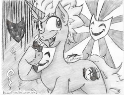 Size: 960x733 | Tagged: safe, artist:petanoprime, sunburst, oc, oc:radiant dawn, pony, unicorn, frown, grayscale, hoof hold, male, mask, monochrome, open mouth, signature, smiling, stallion, traditional art, unshorn fetlocks