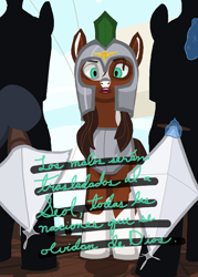 Size: 1920x2688 | Tagged: safe, alternate version, artist:swegmeiser, oc, oc:preciosa, earth pony, pony, angry, armor, bible verse, blade, boat, cloud, looking at you, low angle, magic, male, religion, royal guard, spanish, spear, stallion, telekinesis, text, weapon