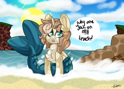 Size: 1208x866 | Tagged: safe, artist:bubble-trouble-owo, oc, oc:bubbles, merpony, unicorn, beach, female, solo