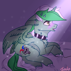 Size: 1000x1000 | Tagged: safe, artist:soulf, oc, oc:jester pi, pegasus, collar, cute, horn, light, sirring, smiling, wings