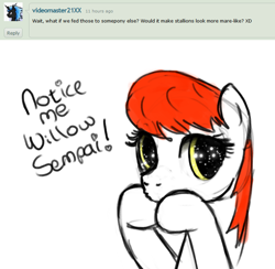 Size: 744x727 | Tagged: safe, artist:nimaru, oc, oc:crabapple, pony, ask, eyelashes, male, notice me senpai, solo, stallion