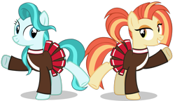 Size: 1389x802 | Tagged: safe, artist:raindashesp, lighthoof, shimmy shake, earth pony, pony, 2 4 6 greaaat, clothes, cute, duo, female, mare, pleated skirt, ponytail, raised hoof, simple background, skirt, transparent background