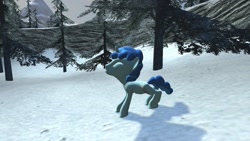 Size: 1280x720 | Tagged: safe, artist:horsesplease, party favor, hengstwolf, pony, werewolf, 3d, doggie favor, gmod, howling, snow, solo, tree