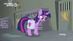 Size: 1366x768 | Tagged: safe, screencap, twilight sparkle, twilight sparkle (alicorn), alicorn, pony, the point of no return, basement, book, bookshelf, discovery family logo, jail, jail cell, library, sad, saddle bag