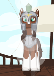 Size: 1920x2688 | Tagged: safe, alternate version, artist:swegmeiser, oc, oc:preciosa, earth pony, pony, angry, armor, boat, cloud, lens flare, looking at you, low angle, royal guard