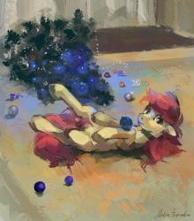 Size: 1223x1392 | Tagged: safe, artist:malinetourmaline, roseluck, pony, behaving like a cat, christmas, christmas ornament, christmas tree, collar, cute, decoration, holiday, on back, pet tag, pony pet, rosepet, tree