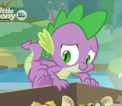 Size: 698x604 | Tagged: safe, screencap, spike, dragon, the point of no return, box, cropped, male, smiling, tail, toes, winged spike, wings