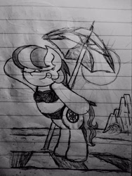 Size: 1920x2560 | Tagged: safe, artist:thebadbadger, oc, oc:ruby roulette, earth pony, pony, beach umbrella, bikini, bipedal, clothes, lineart, lined paper, swimsuit, waving