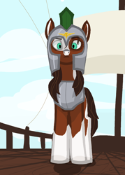 Size: 1920x2688 | Tagged: safe, alternate version, artist:swegmeiser, oc, oc:preciosa, earth pony, pony, angry, armor, boat, cloud, looking at you, low angle, royal guard, solo