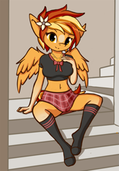 Size: 829x1200 | Tagged: safe, artist:karat3l, part of a set, oc, oc only, oc:serenity, anthro, pegasus, unguligrade anthro, belly button, clothes, commission, cute, female, looking at you, midriff, miniskirt, plaid skirt, short shirt, sitting, skirt, smiling, socks, solo, stairs