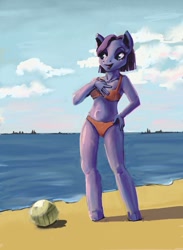 Size: 935x1280 | Tagged: safe, artist:lana-plushka, oc, anthro, pony, beach, beach ball, bikini, clothes, swimsuit