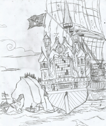 Size: 1680x2012 | Tagged: safe, artist:newman134, equestria girls, human world, pirate ship, traditional art