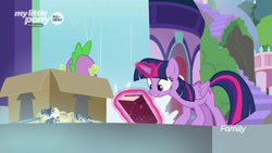 Size: 1920x1080 | Tagged: safe, screencap, spike, twilight sparkle, twilight sparkle (alicorn), alicorn, dragon, pony, the point of no return, book, box, magic, package, waterfall