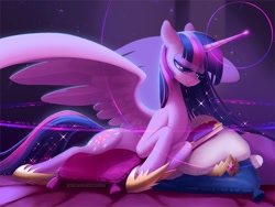 Size: 1800x1350 | Tagged: safe, alternate version, artist:dawnfire, princess twilight 2.0, twilight sparkle, twilight sparkle (alicorn), alicorn, pony, the last problem, book, crepuscular rays, crown, cute, cutie mark, dust motes, ethereal mane, female, glowing horn, hoof shoes, horn, jewelry, lidded eyes, magic, mare, older, older twilight, pillow, prone, regalia, smiling, solo, sparkles, spread wings, starry mane, tiara, twiabetes, wings