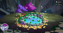 Size: 960x504 | Tagged: safe, idw, butterfly, ponies of dark water, spoiler:comic, spoiler:comic43, bush, facebook, flower, gameloft, hot springs, idw showified, my little pony logo, no pony, rock, tree